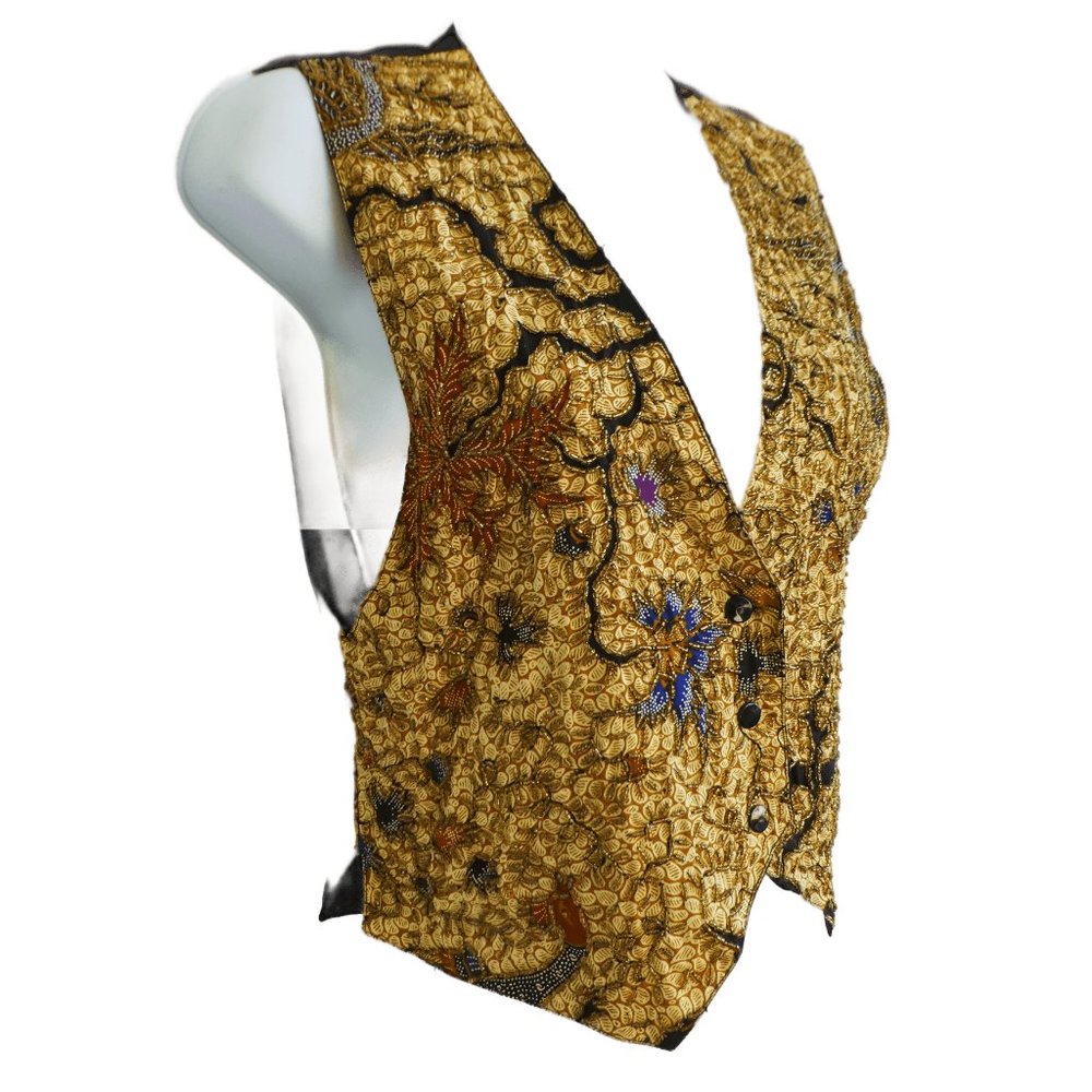 Vintage Cache Heavy Beaded Snap Front Vest Black Satin Back Tie Cincher S